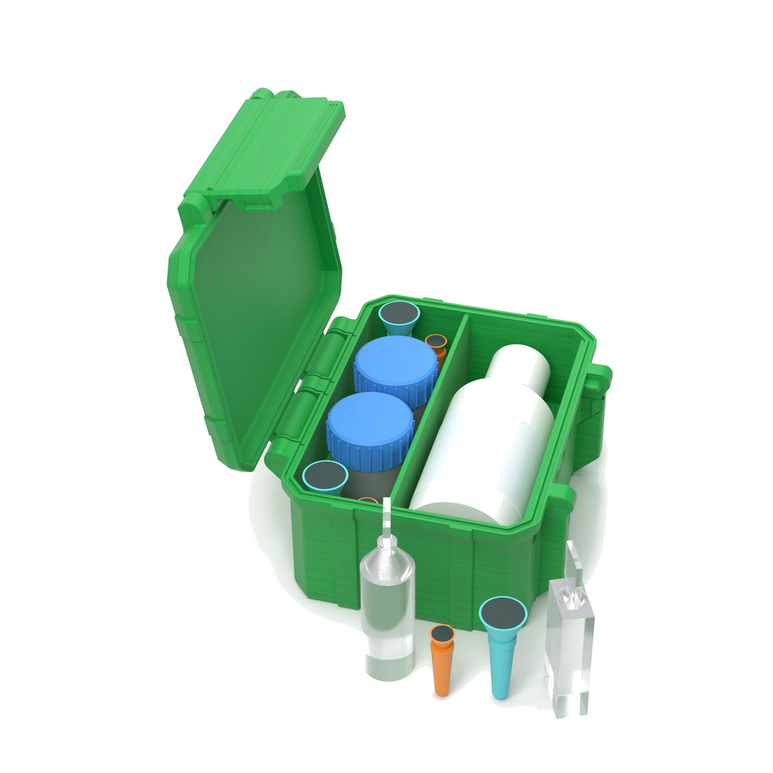 Staged: Scleral Travel Case - XL in Cyber Green - lens cup, plungers, saline vials and bottles shown are not included