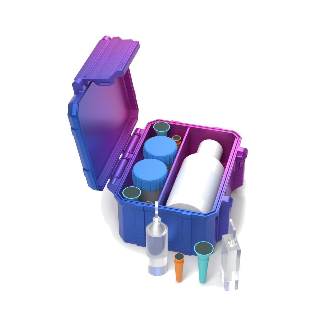 Staged: Scleral Travel Case - XL in RGB Metallic - lens cup, plungers, saline vials and bottles shown are not included