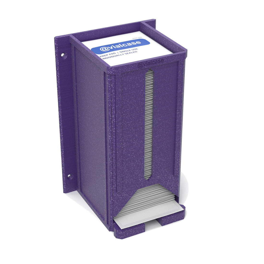 Staged: VialCase Prep Pad Dispenser Wall 100 Large Pads in Galaxy Purple - prep pads shown are not included