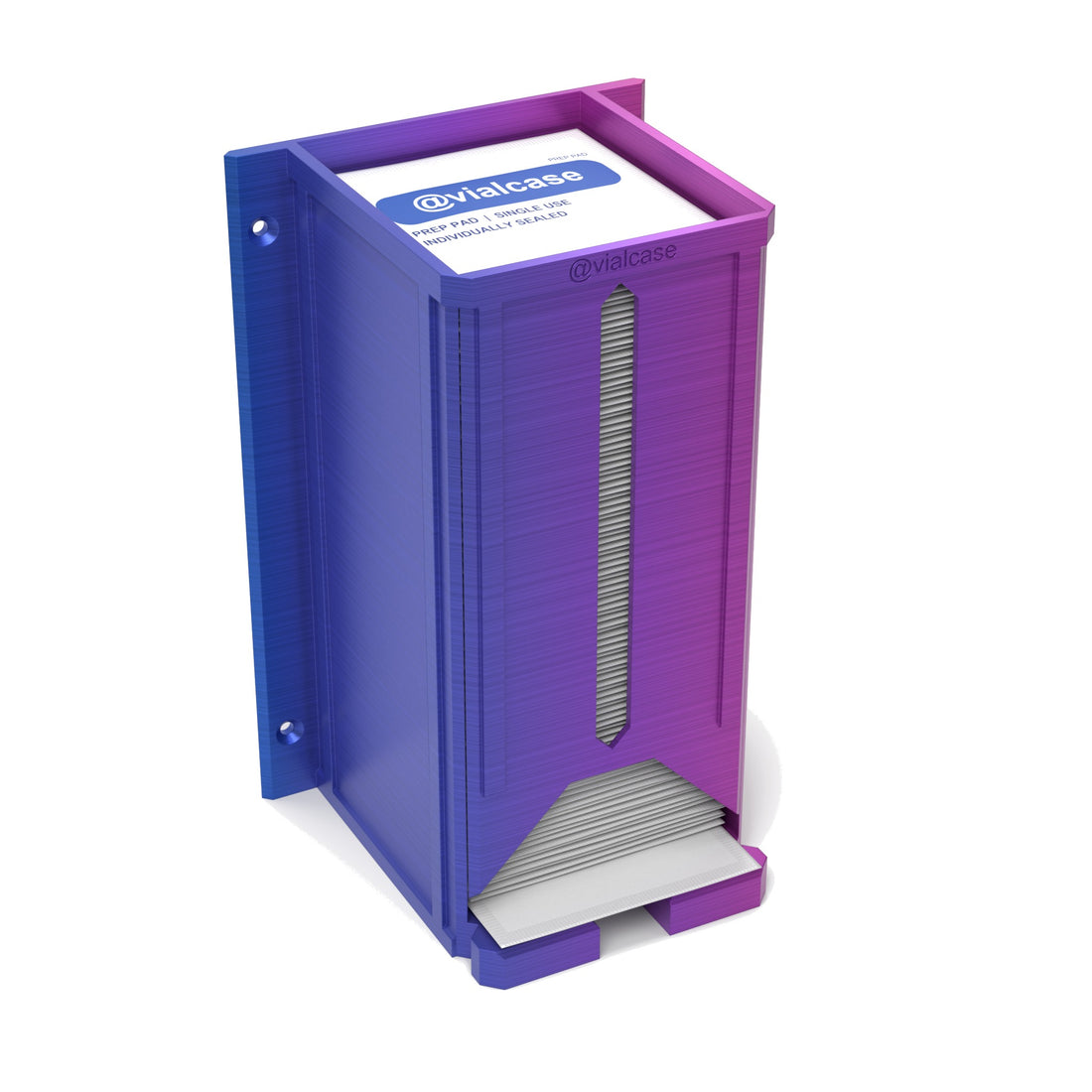 Staged: VialCase Prep Pad Dispenser Wall 100 Large Pads in RGB Metallic - prep pads shown are not included