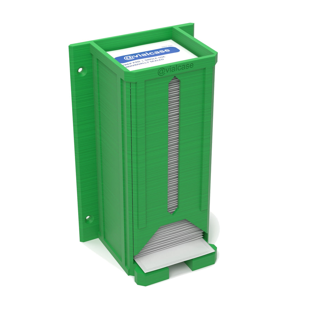 Staged: VialCase Prep Pad Dispenser Wall 100 Pads in Cyber Green - prep pads shown are not included