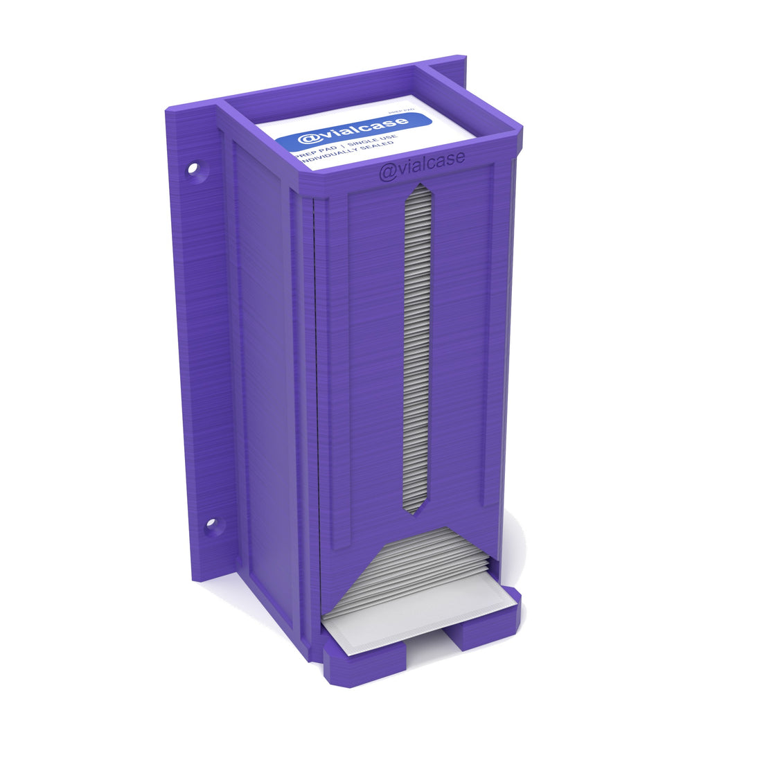 Staged: VialCase Prep Pad Dispenser Wall 100 Pads in Purple - prep pads shown are not included