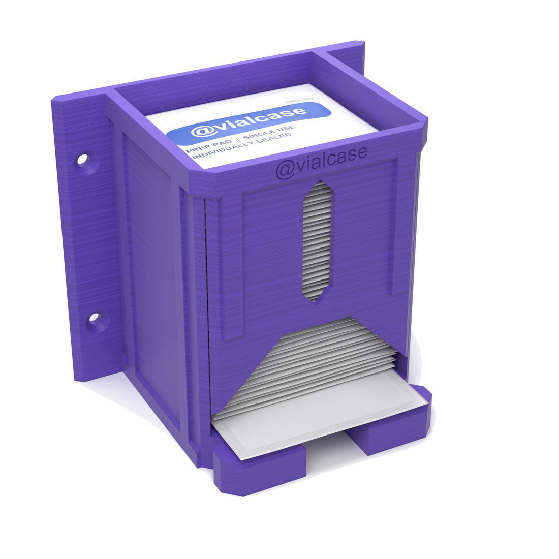 Staged: VialCase Prep Pad Dispenser Wall 50 Pads in Purple - prep pads shown are not included