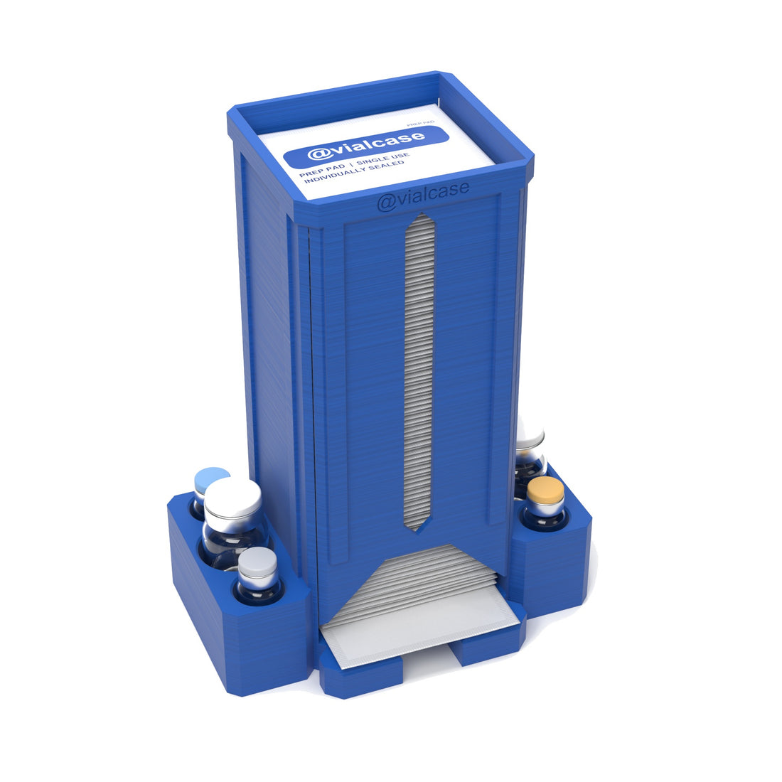 Staged: VialCase Prep Pad Dispenser 100 Pads + 2 × 10mL + 4 × 3mL in Cobalt Blue - prep pads and vials shown are not included
