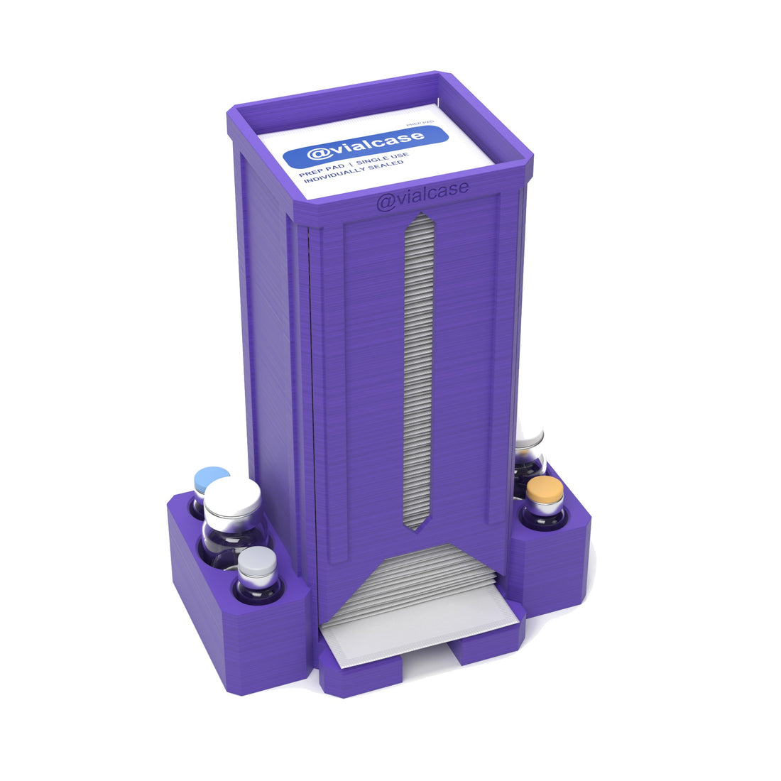 Staged: VialCase Prep Pad Dispenser 100 Pads + 2 × 10mL + 4 × 3mL in Purple - prep pads and vials shown are not included