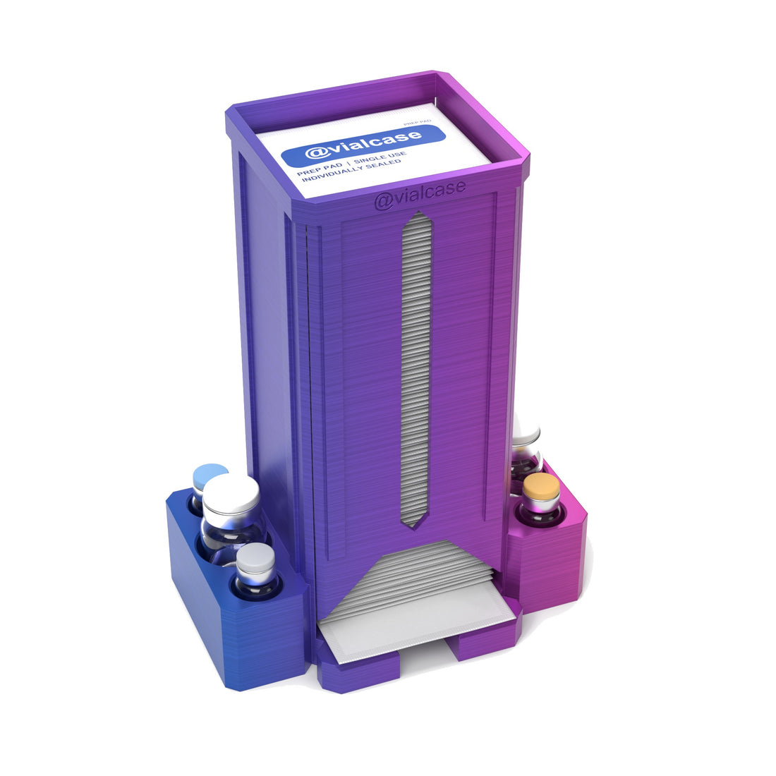 Staged: VialCase Prep Pad Dispenser 100 Pads + 2 × 10mL + 4 × 3mL in RGB Metallic - prep pads and vials shown are not included