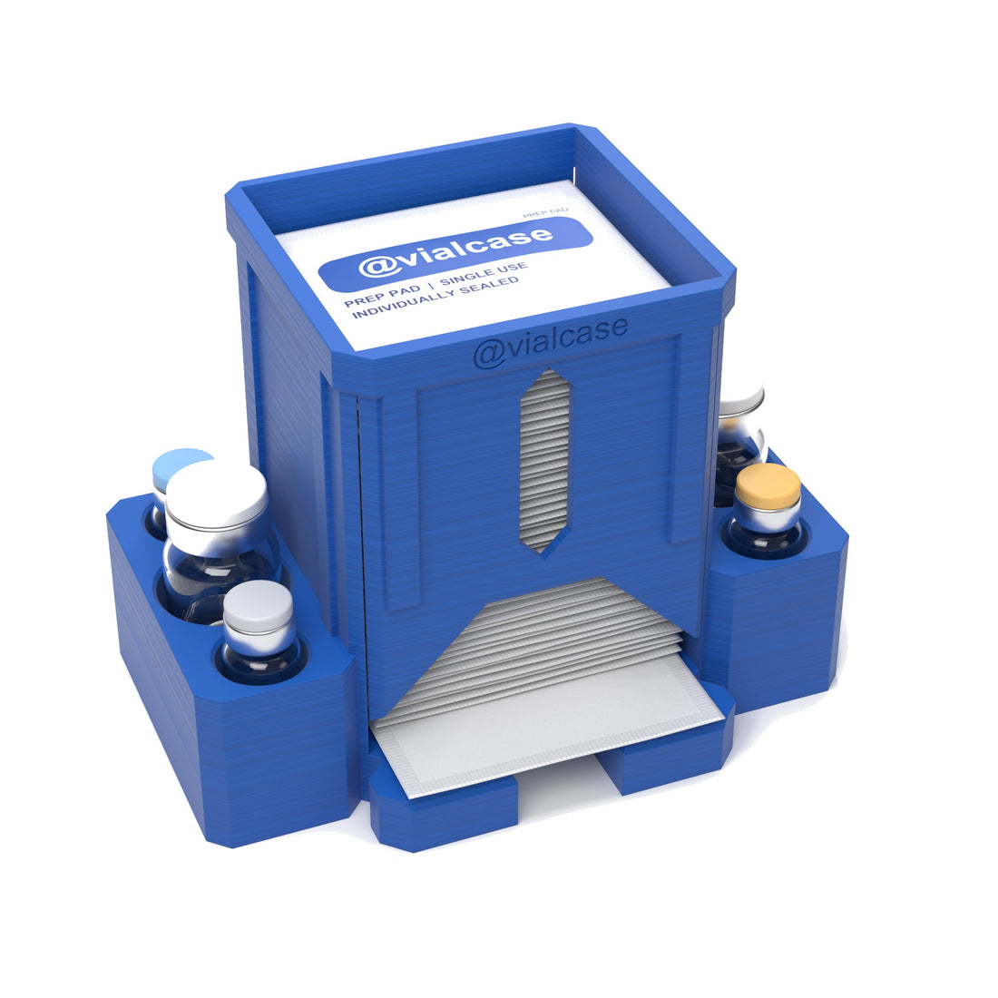 Staged: VialCase Prep Pad Dispenser 50 Pads + 2 × 10mL + 4 × 3mL in Cobalt Blue - prep pads and vials shown are not included