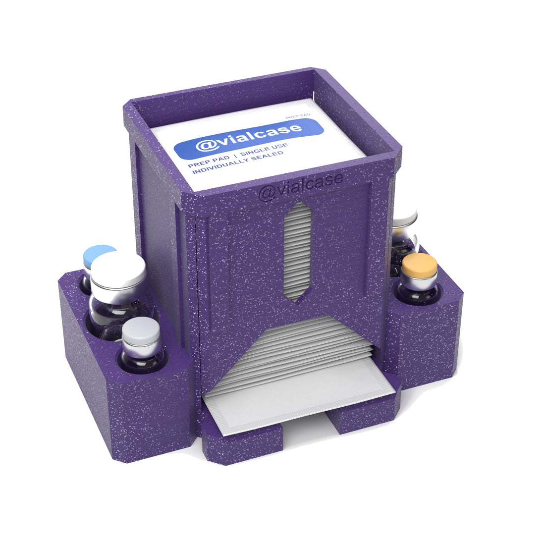 Staged: VialCase Prep Pad Dispenser 50 Pads + 2 × 10mL + 4 × 3mL in Galaxy Purple - prep pads and vials shown are not included