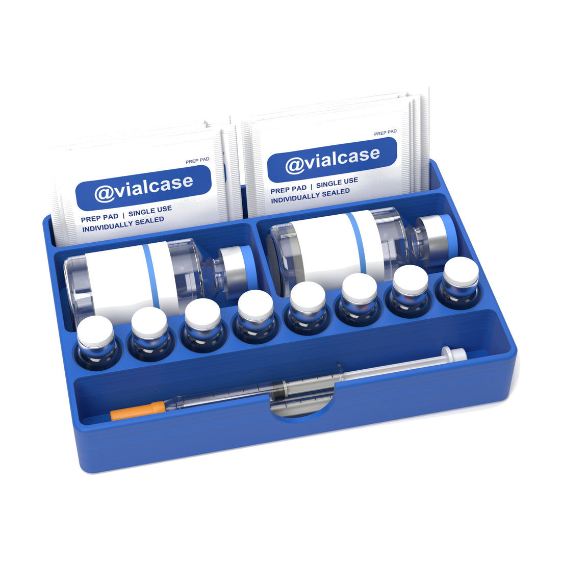 Staged: VialCase Fridge Tray BAC in Cobalt Blue - BAC water bottles, vials, syringes and prep pads shown are not included