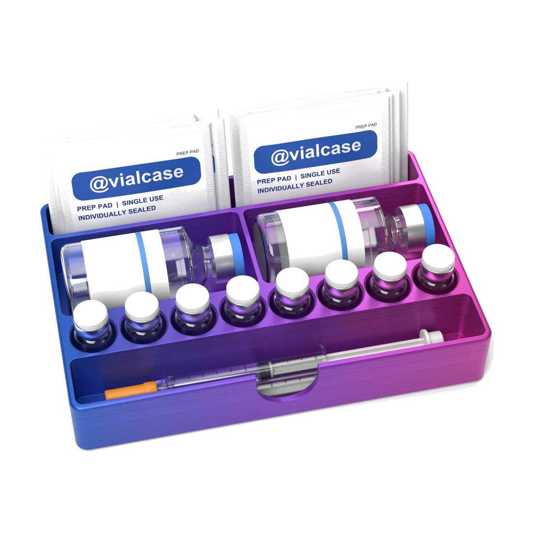 Staged: VialCase Fridge Tray BAC in RGB Metallic - BAC water bottles, vials, syringes and prep pads shown are not included