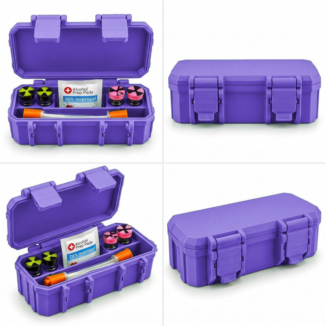 4-Slot 3 ml or 10 ml Vial Case with Extra Storage for Syringes, Alcohol pads, - Purple