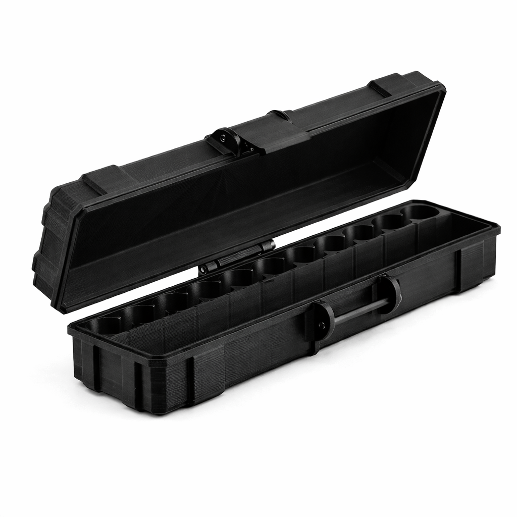 Black plastic vial vcase with open lid on a white background