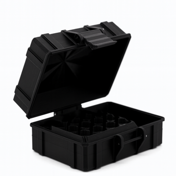 Black open storage case on a white background