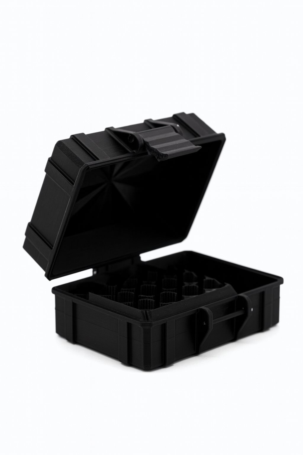 Black open storage case on a white background