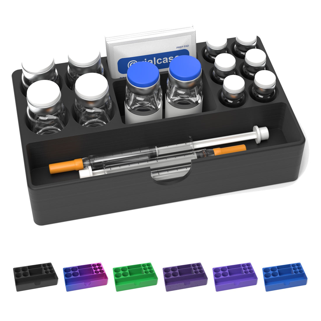 Staged: Fridge Tray in Black, with the 6 colours below - vials, pads and syringes shown are not included