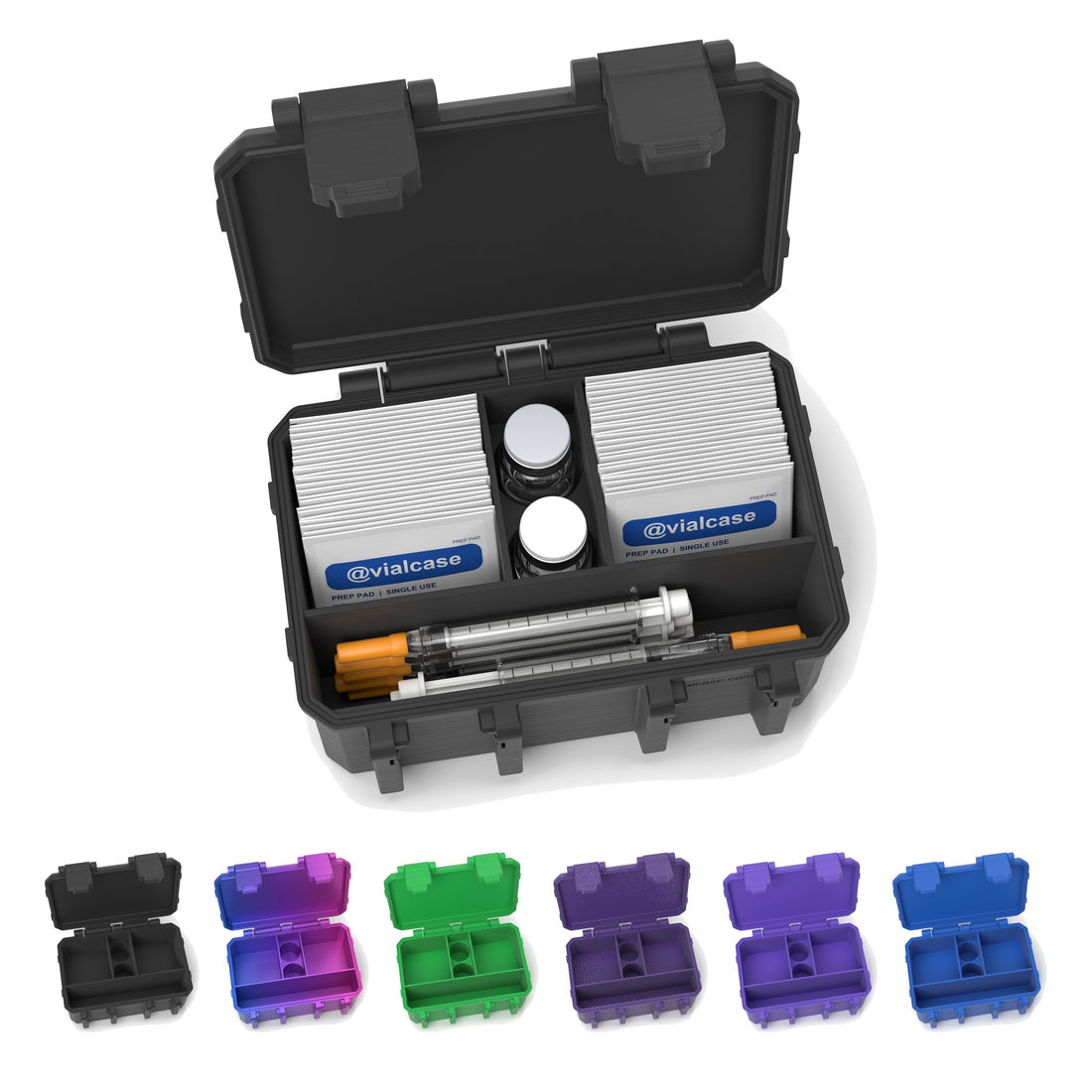 Staged: Insulin Vial Case in Black, with the 6 colours below - vials, syringes and pads shown are not included