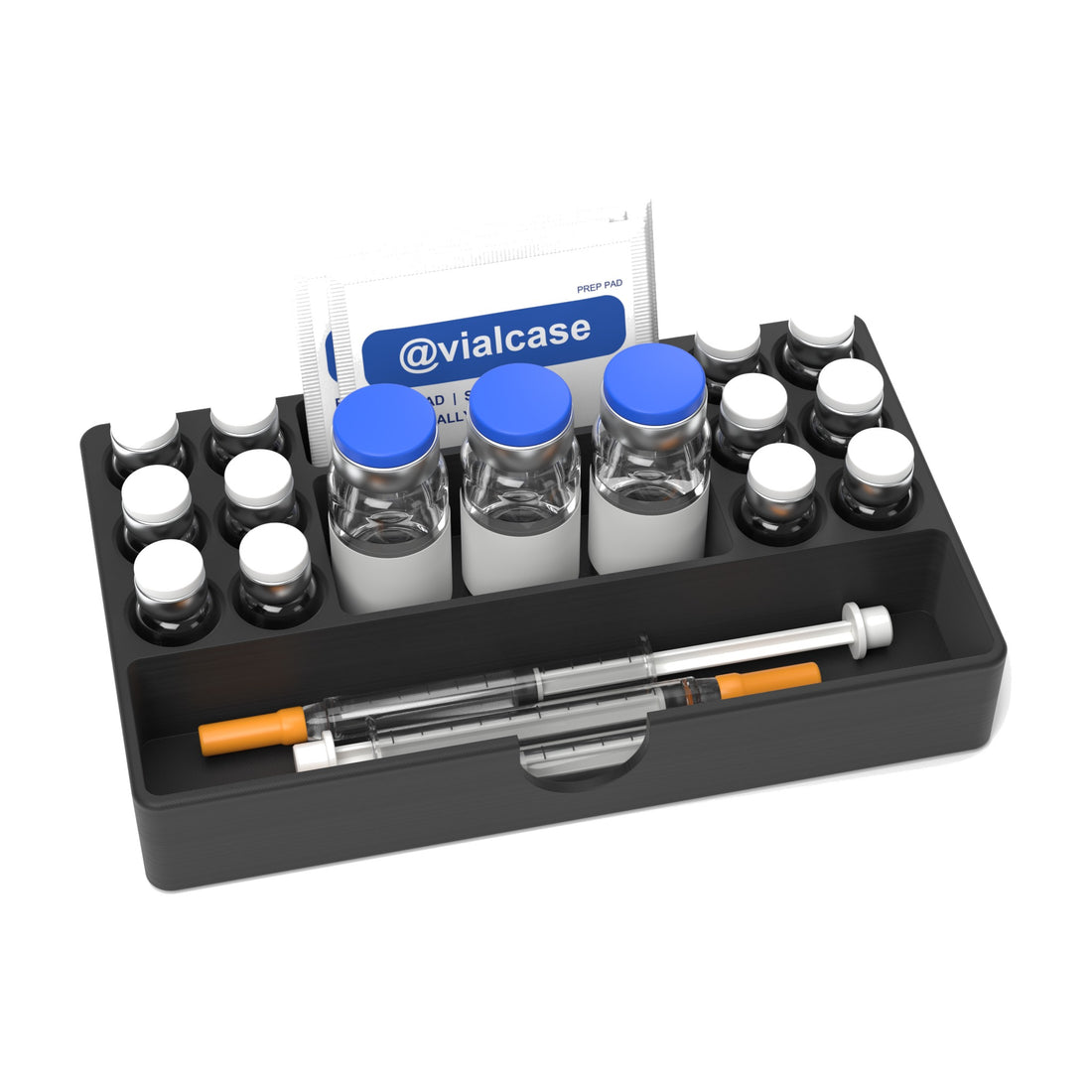 Staged: VialCase Fridge Tray AIO Large 12 x 3 mL in Black - vials, BAC water vials, syringes and prep pads shown are not included