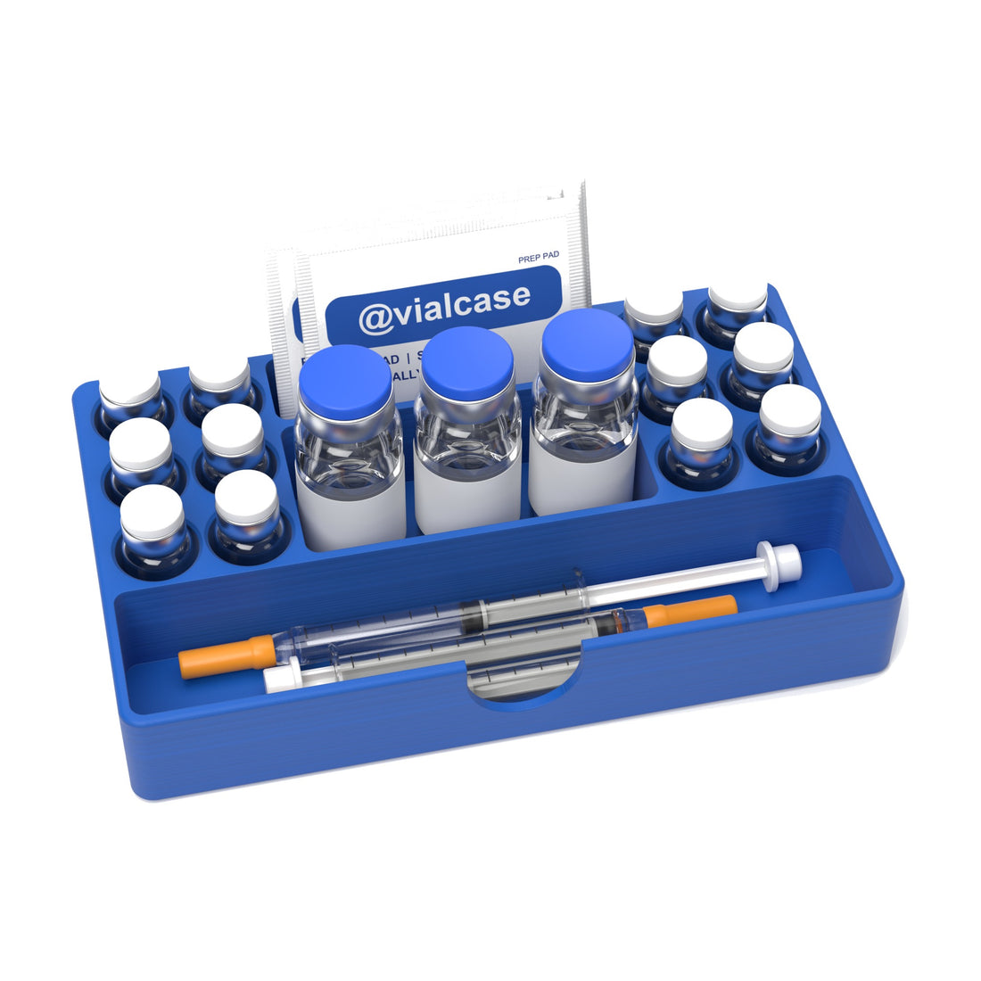 Staged: VialCase Fridge Tray AIO Large 12 x 3 mL in Cobalt Blue - vials, BAC water vials, syringes and prep pads shown are not included