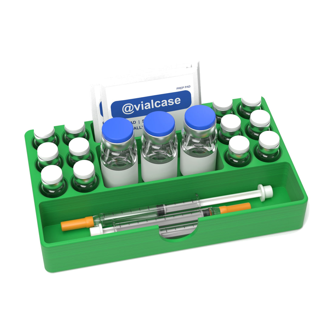 Staged: VialCase Fridge Tray AIO Large 12 x 3 mL in Cyber Green - vials, BAC water vials, syringes and prep pads shown are not included