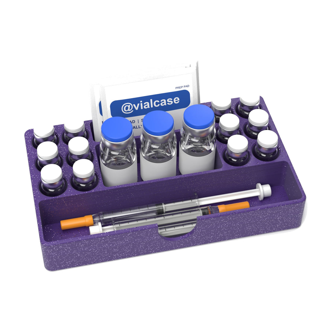 Staged: VialCase Fridge Tray AIO Large 12 x 3 mL in Galaxy Purple - vials, BAC water vials, syringes and prep pads shown are not included