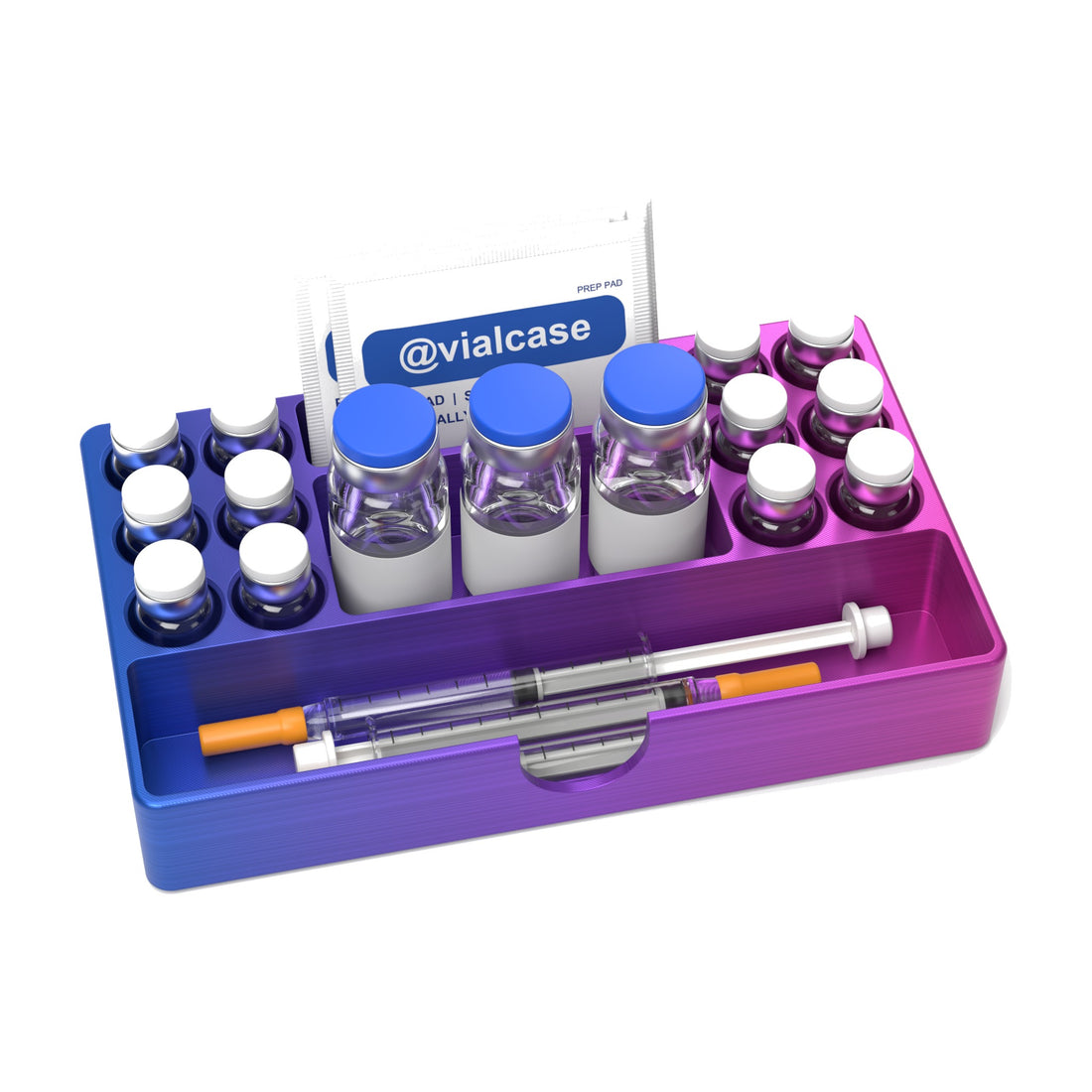 Staged: VialCase Fridge Tray AIO Large 12 x 3 mL in RGB Metallic - vials, BAC water vials, syringes and prep pads shown are not included