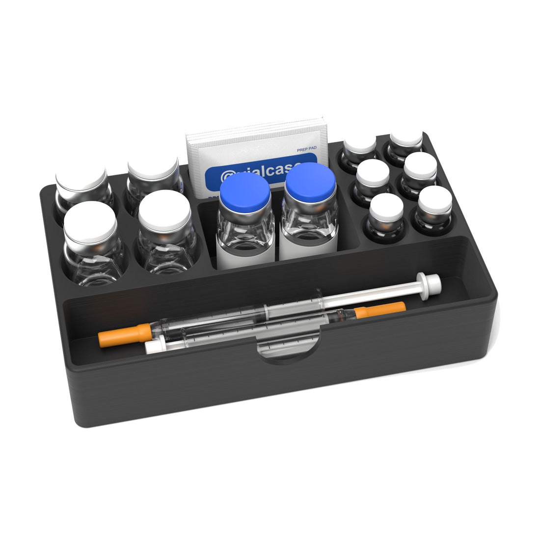 Staged: VialCase Fridge Tray AIO Large Mixed in Black - vials, BAC water vials, syringes and prep pads shown are not included