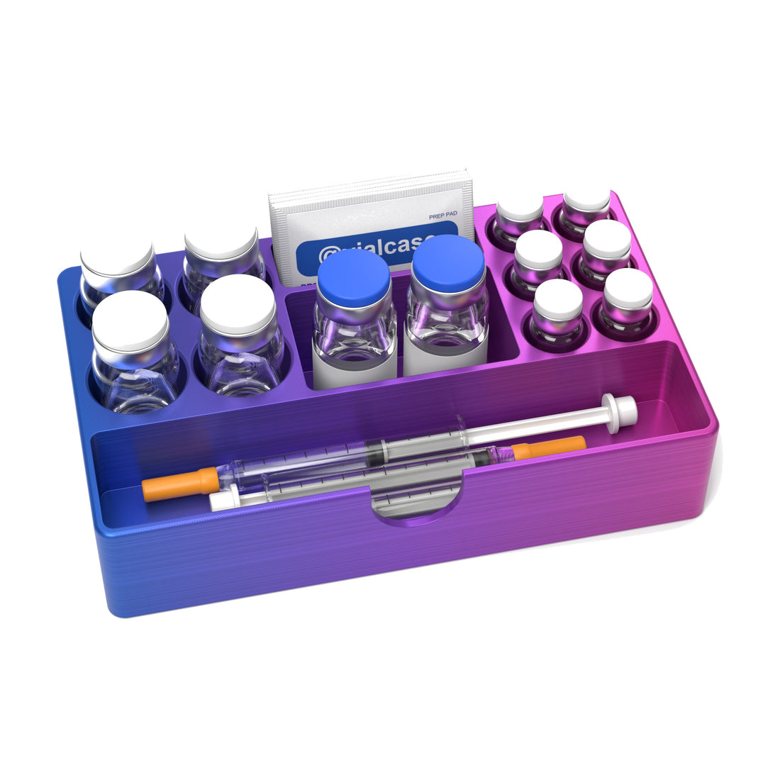 Staged: VialCase Fridge Tray AIO Large Mixed in RGB Metallic - vials, BAC water vials, syringes and prep pads shown are not included