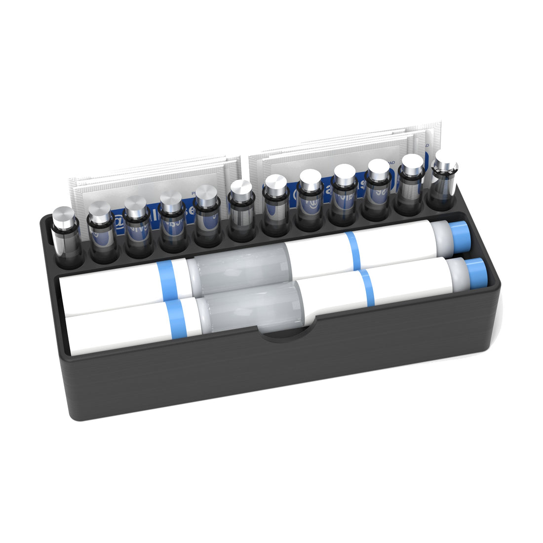 Staged: VialCase Fridge Tray Pens in Black - pens, cartridges and prep pads shown are not included