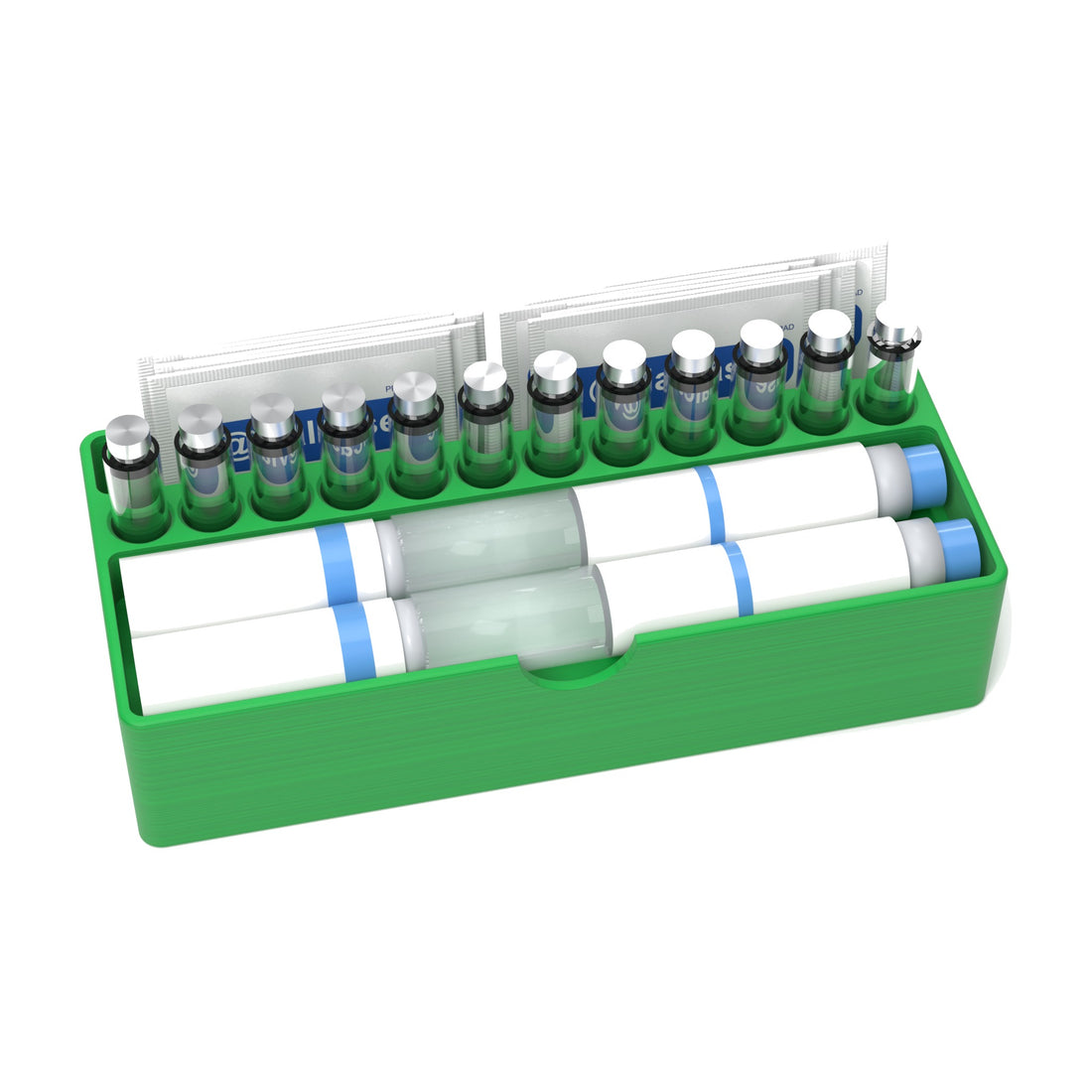 Staged: VialCase Fridge Tray Pens in Cyber Green - pens, cartridges and prep pads shown are not included