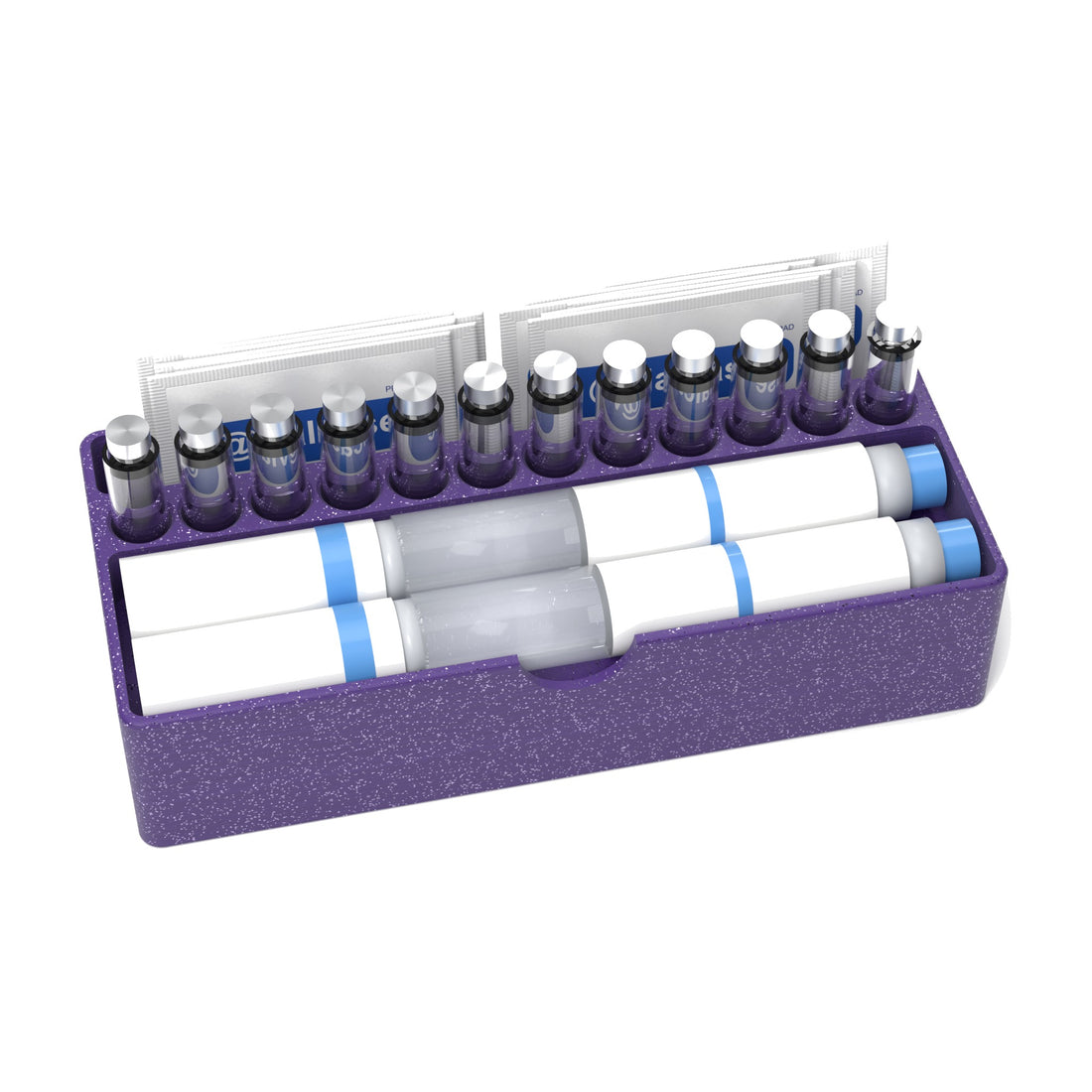 Staged: VialCase Fridge Tray Pens in Galaxy Purple - pens, cartridges and prep pads shown are not included
