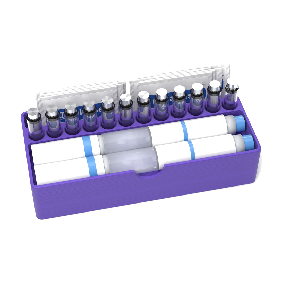 Staged: VialCase Fridge Tray Pens in Purple - pens, cartridges and prep pads shown are not included