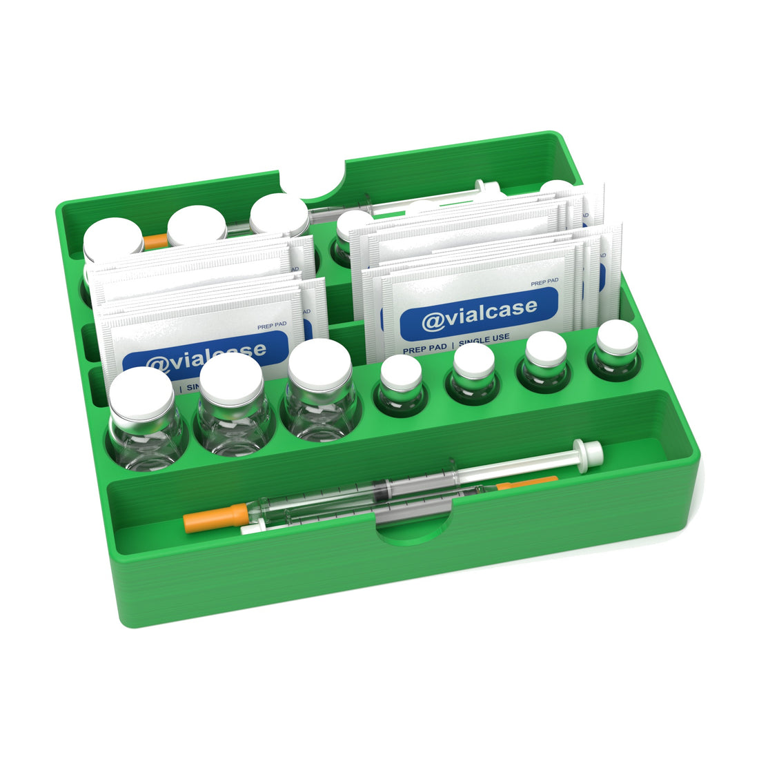 Staged: VialCase Fridge Tray Shelf in Cyber Green - vials, syringes and prep pads shown are not included