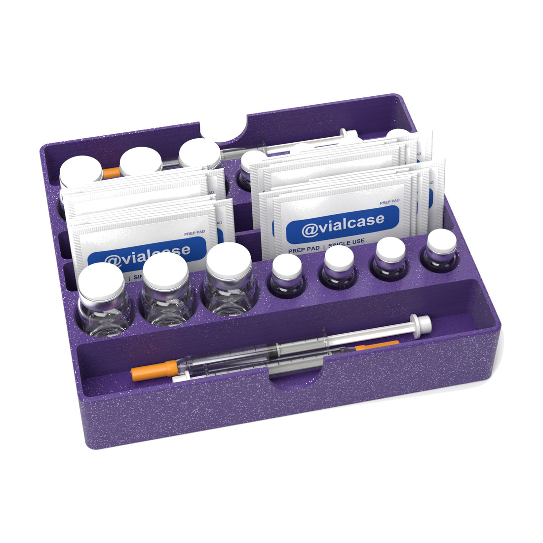 Staged: VialCase Fridge Tray Shelf in Galaxy Purple - vials, syringes and prep pads shown are not included