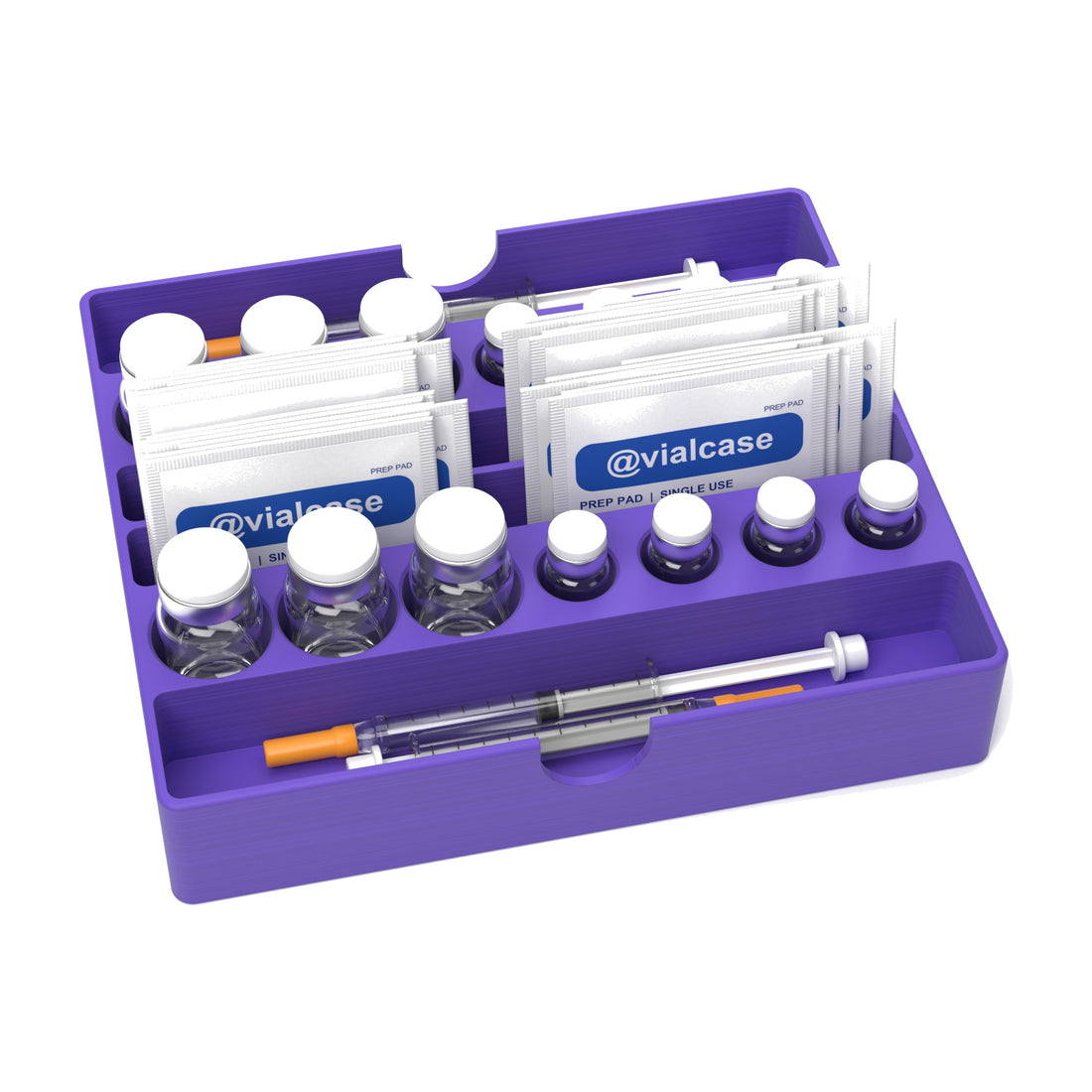 Staged: VialCase Fridge Tray Shelf in Purple - vials, syringes and prep pads shown are not included