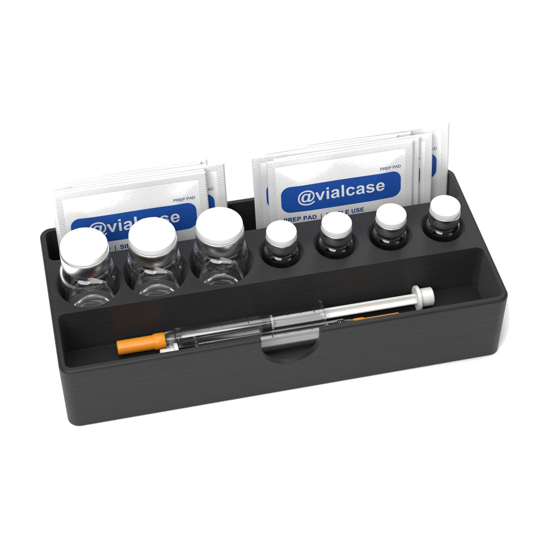 Staged: VialCase Fridge Tray AIO Small Mixed in Black - vials, syringes and prep pads shown are not included