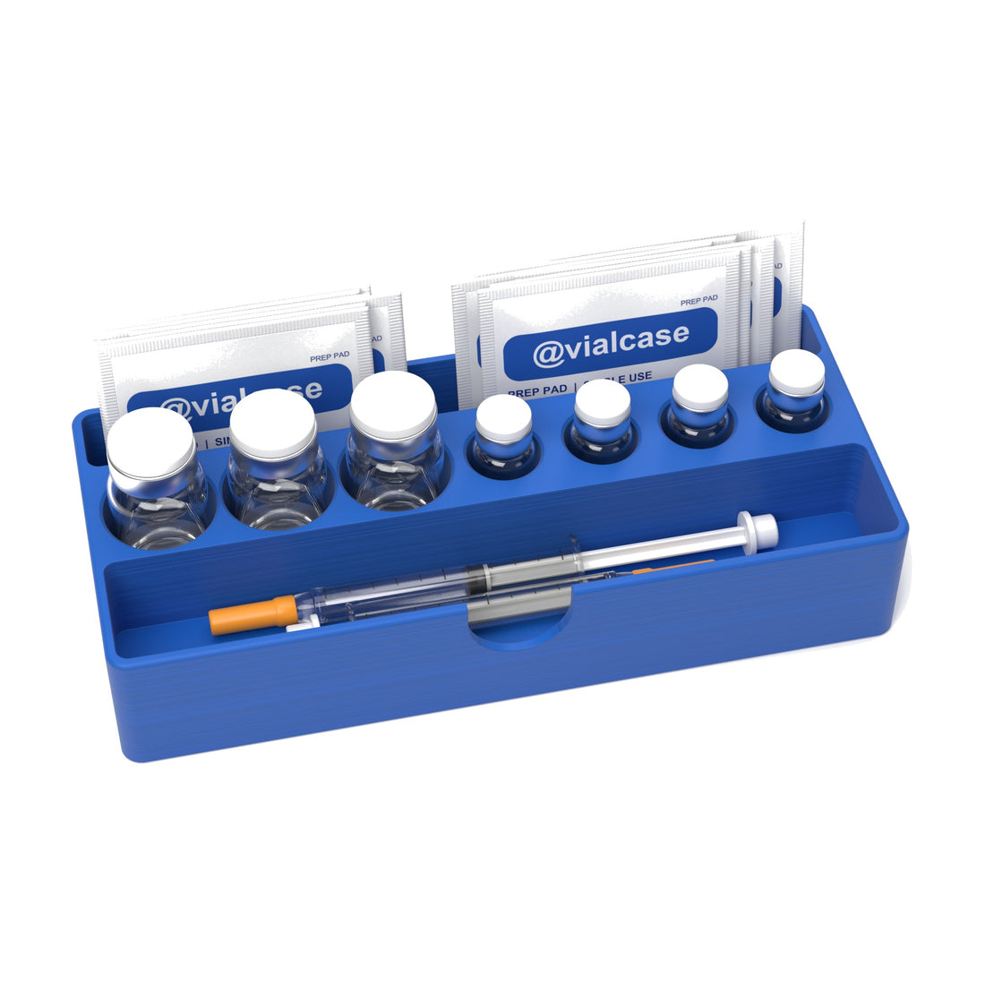 Staged: VialCase Fridge Tray AIO Small Mixed in Cobalt Blue - vials, syringes and prep pads shown are not included