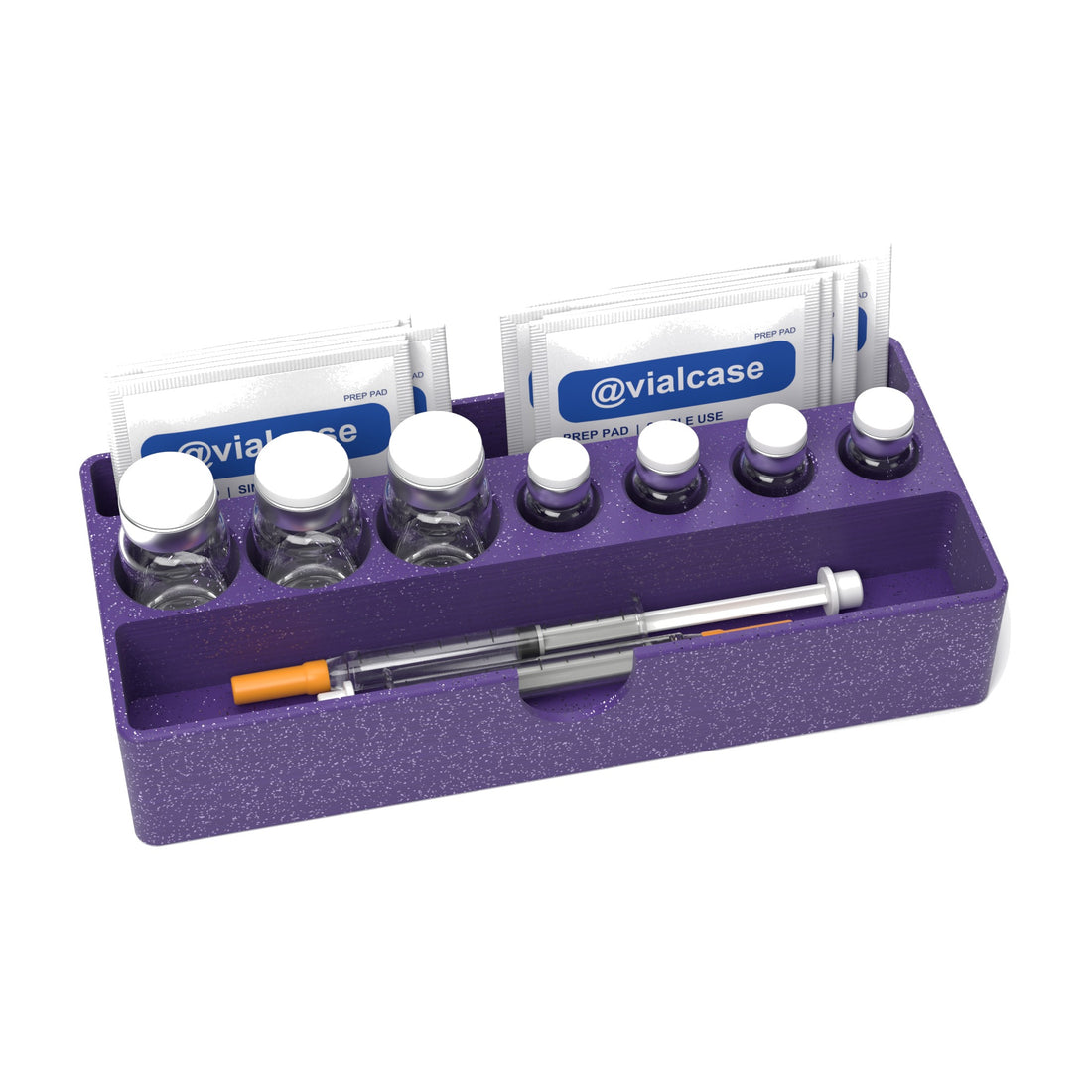 Staged: VialCase Fridge Tray AIO Small Mixed in Galaxy Purple - vials, syringes and prep pads shown are not included