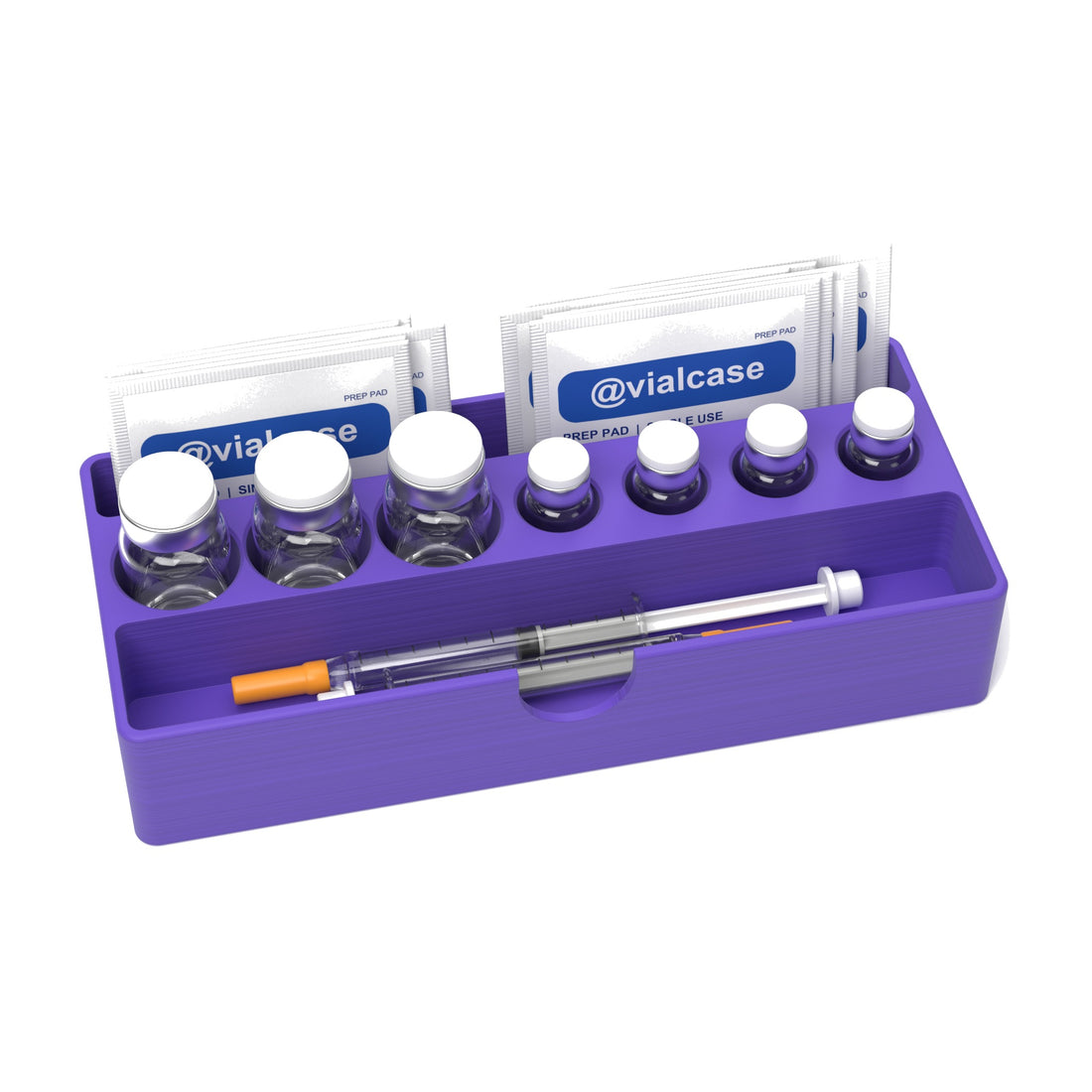Staged: VialCase Fridge Tray AIO Small Mixed in Purple - vials, syringes and prep pads shown are not included