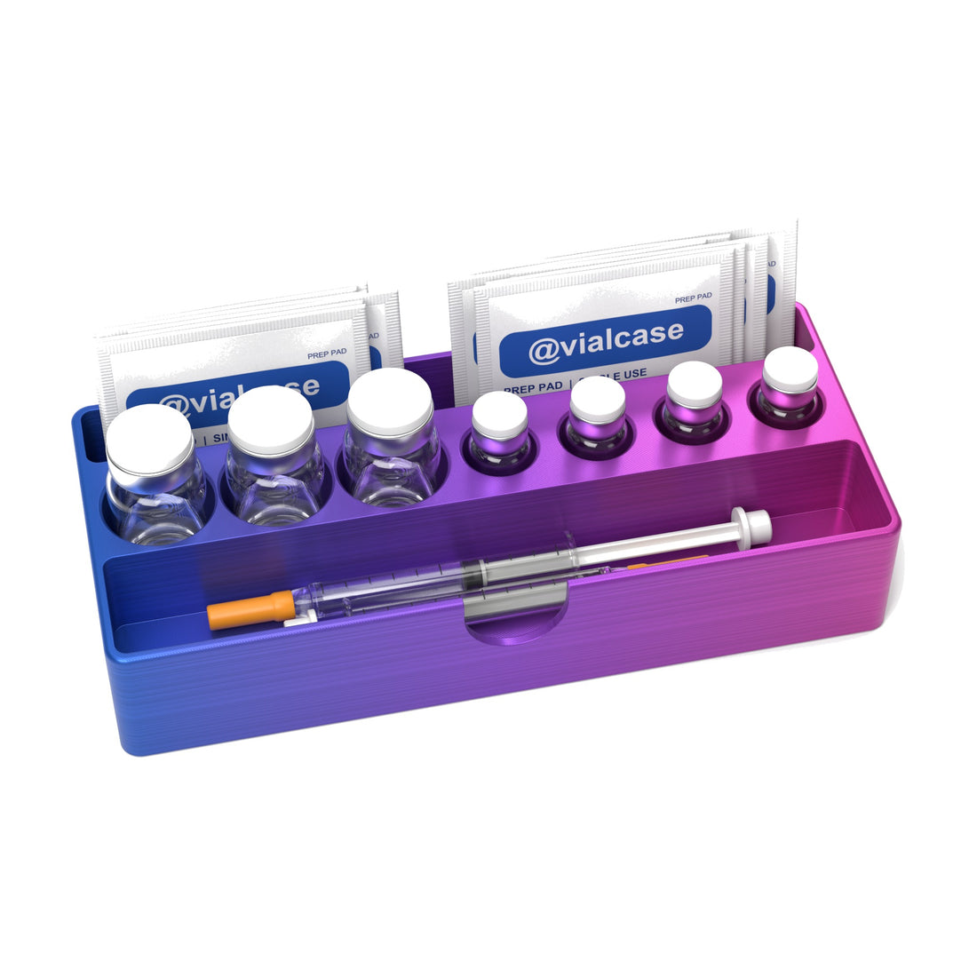 Staged: VialCase Fridge Tray AIO Small Mixed in RGB Metallic - vials, syringes and prep pads shown are not included