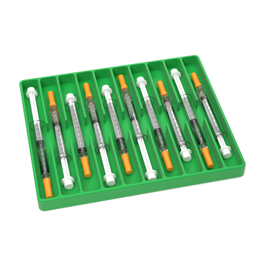 Staged: VialCase Fridge Tray Syringes in Cyber Green - syringes shown are not included