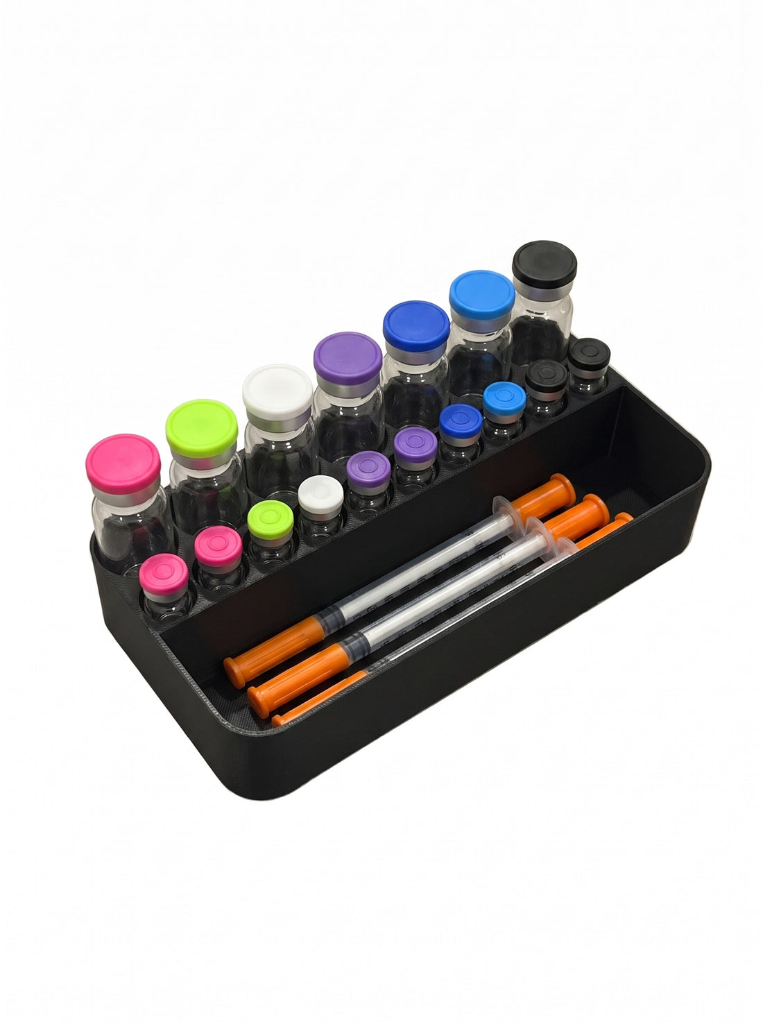 Staged: Vial insert for YETI LoadOut GoBox 1 (7x10mL + 10x3mL) shown loaded with vials and syringes (vials, syringes and GoBox not included)