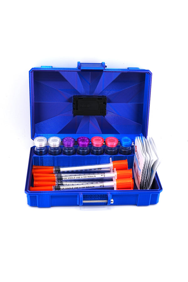 TempView vs standard peptide cases — interior comparison view showing the sensor-equipped lid alongside organized vials and supplies