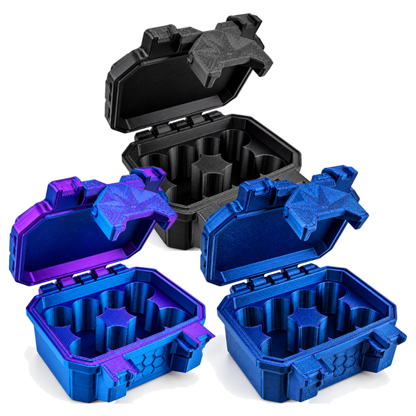 Custom 3D-printed vial cases in Black, RGB Metallic and Galaxy Blue
