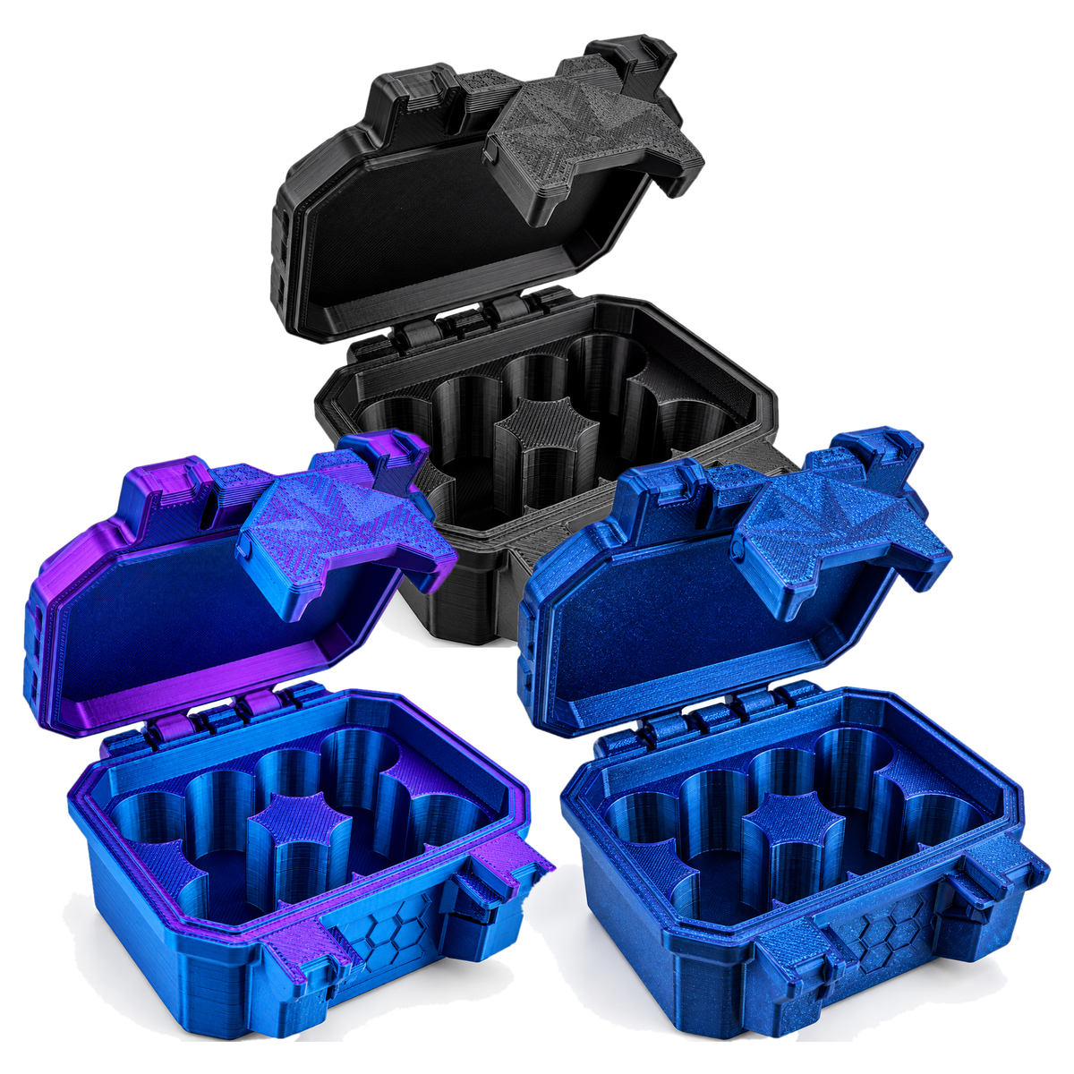 Custom 3D-printed vial cases in Black, RGB Metallic and Galaxy Blue