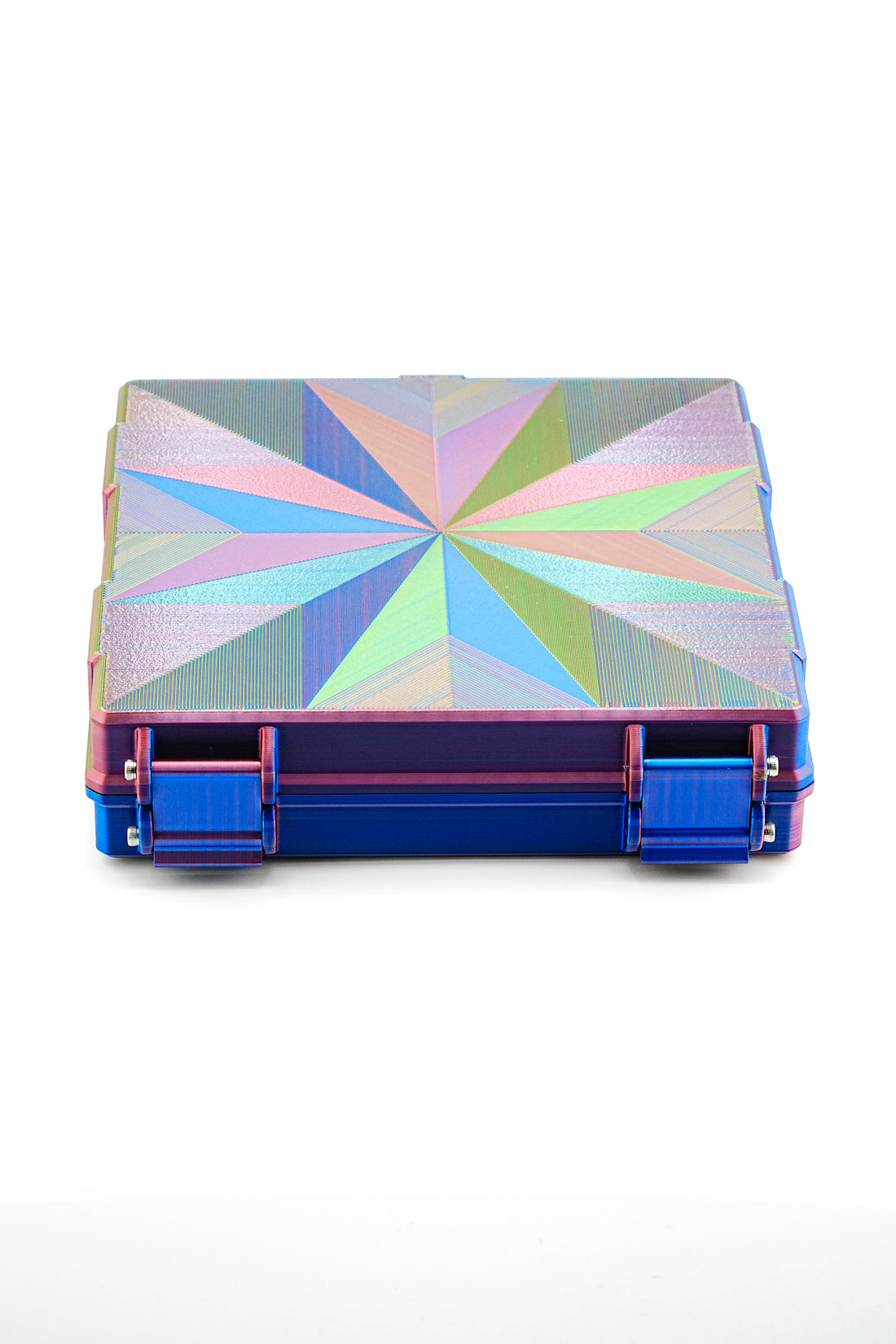 Colorful geometric-patterned case with blue base on a white background
