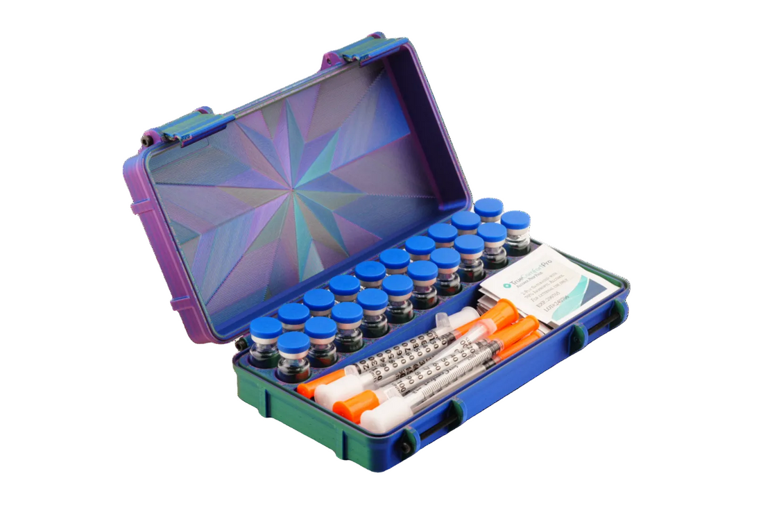 Medical kit with vials and syringes in a colorful case on a white background