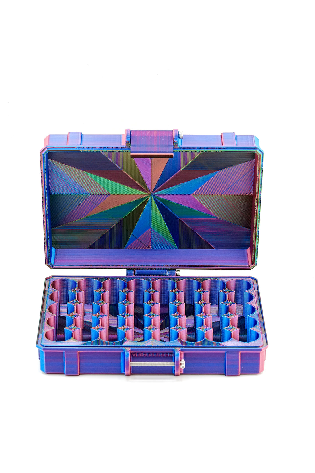 Colorful vial case with geometric pattern on a white background