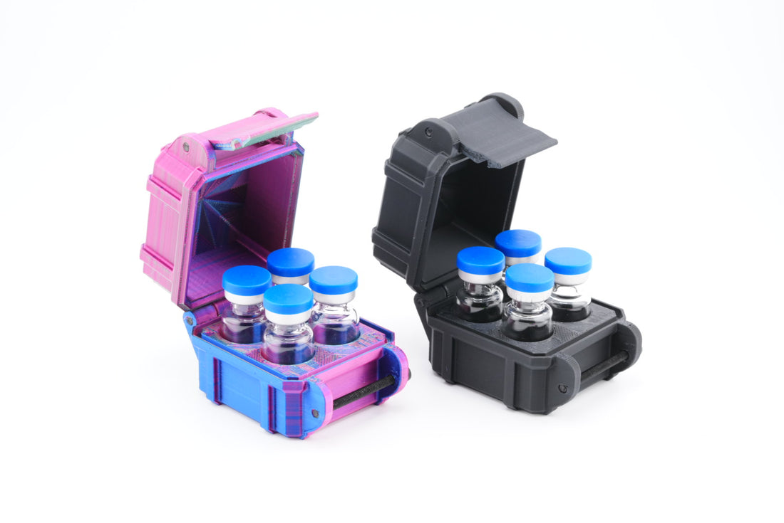 Two open cases with vials inside on a white background