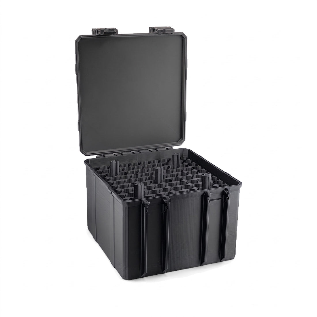300-slot 3 mL vial case in black, lid open, showing the built-in 100-slot layer and stacking posts