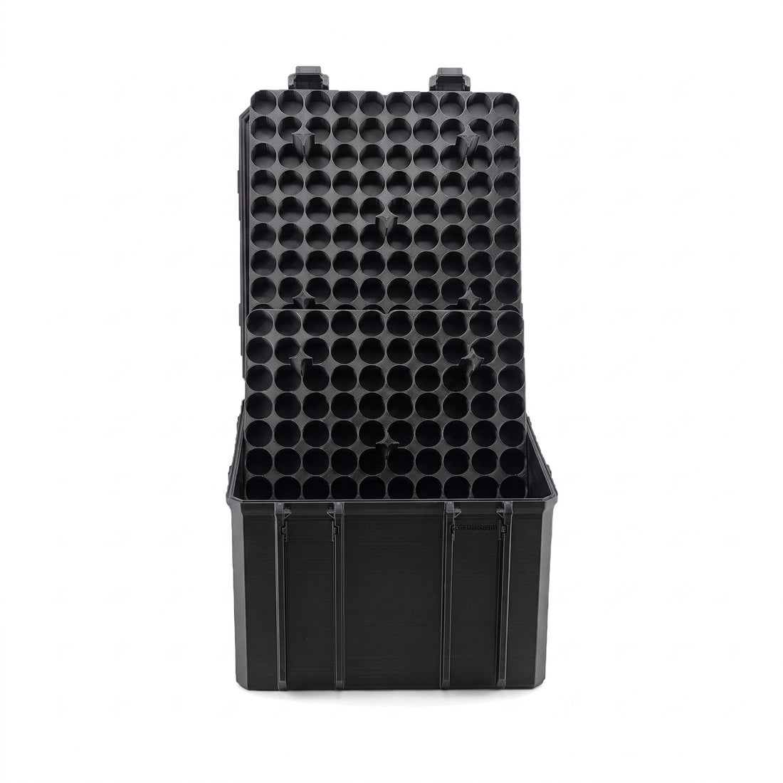 300-slot 3 mL vial case in black, lid open with two 100-slot vial trays standing upright in front of the lid